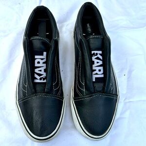 VANS X KARLD LAGERFELD Old SKool Laceless Black Leather Sneakers, Size 8.5W/7 M